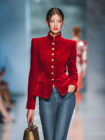 Veste Vintage en Velours Élégante avec Col Montant et Détails Métalliques