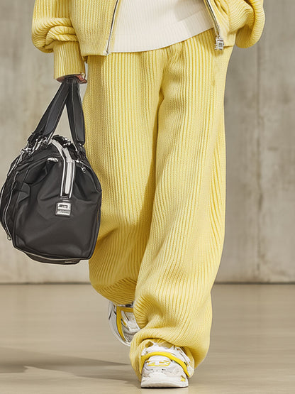 Ensemble Tricot : Cardigan Zippé à Col Montant et Pantalon Large