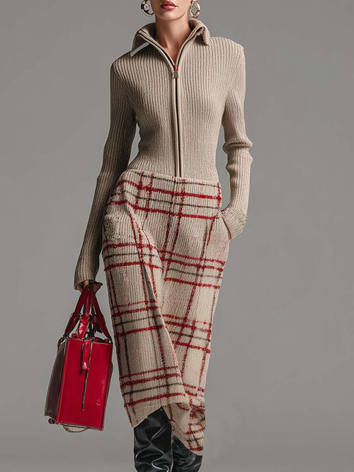 Robe Midi Vintage Écru à Carreaux avec Zip