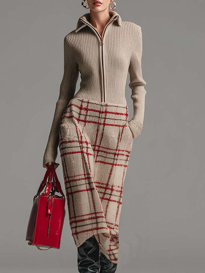 Robe Midi Évasée Vintage Abricot à Carreaux avec Zip Élégant
