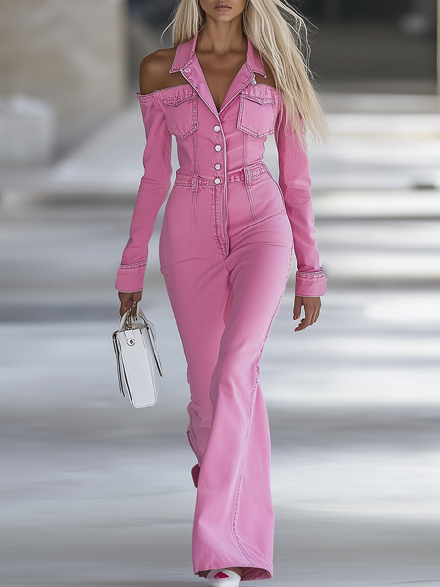 Combinaison Flare en Jean Rose Personnalisée avec Col Revers et Manches Longues Sans Épaules" 

---

Here’s a more captivating title: 

"Combinaison Flare en Jean Rose Personnalisée : Élégance Sans Épaules avec Col Revers et Manches Longues