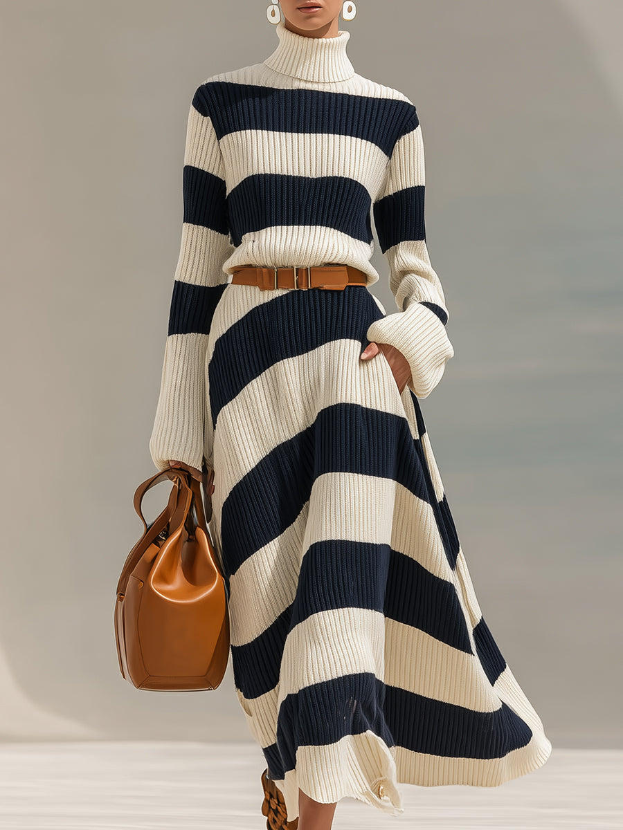Robe Maxi Tricot à Manches Longues avec Col Haut - Élégance et Style en Rayures Contrastées Bleu Marine et Blanc