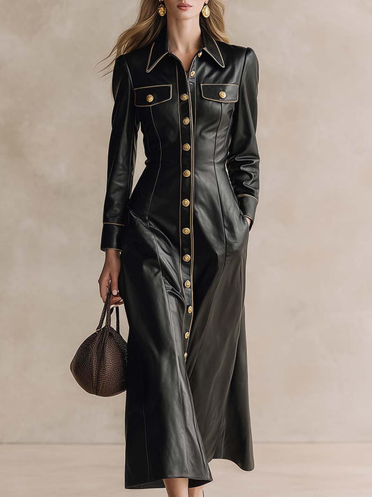 Robe Maxi Noire en PU avec Boutons Frontaux et Col Rétro - Élégance Haut de Gamme