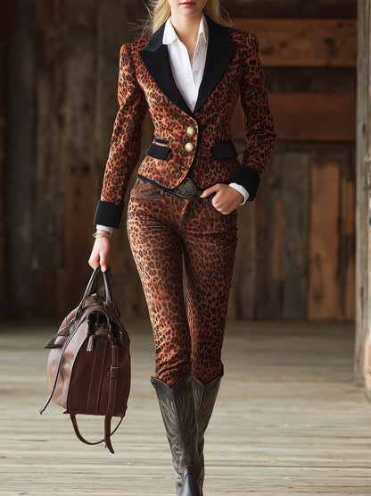 Ensemble Veste et Pantalon en Suédine Marron avec Imprimé Léopard au Style Western Vintage