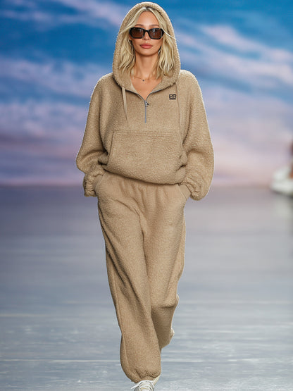 Ensemble Décontracté en Fleece Polaire Marron Clair avec Capuche