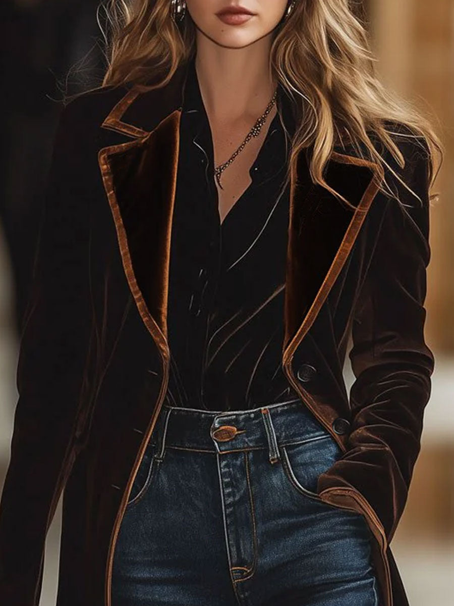 Veste Vintage en Velours Ample avec Col et Poches - Style Décontracté à Blocs de Couleurs