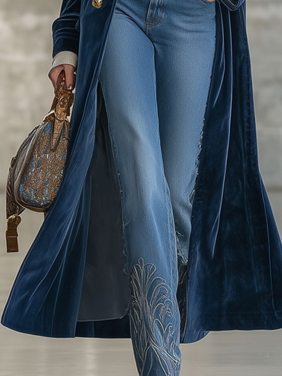 Long Blue Velvet Coat with Retro Fur Collar