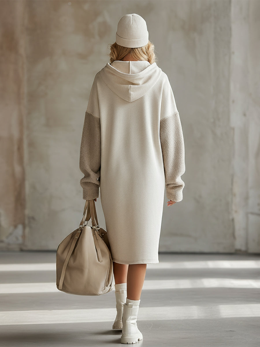 Chic et Confort : Robe Midi Sweat à Capuche en Polaire Beige Oversize