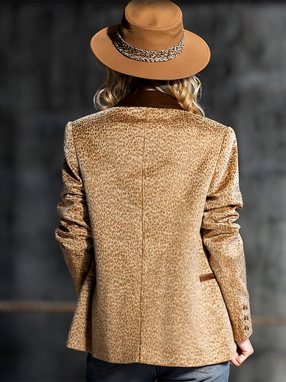 Veste en velours rétro à col color-block et motif léopard tendance