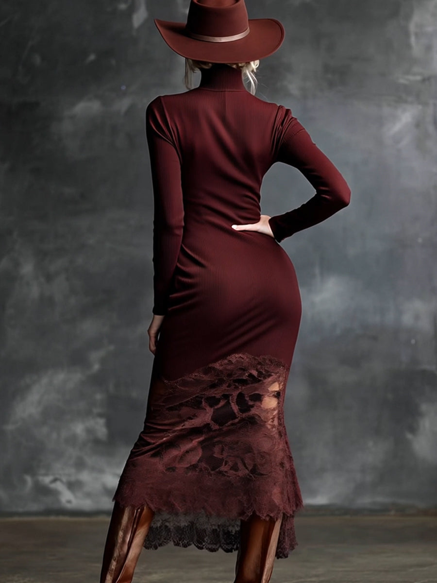 Robe Maxi Bordeaux en Tricot avec Ourlet en Dentelle : Élégance et Simplicité