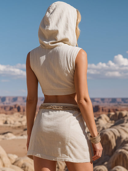 Expédition Rapide : Sweat à Capuche Rétro Chic avec Jupe Frangée en Coton et Lin Beige