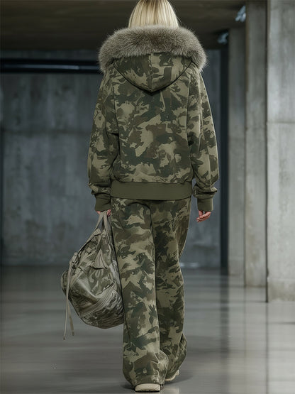 Ensemble Décontracté en Camouflage : Sweatshirt à Col en Fausse Fourrure et Pantalon Large