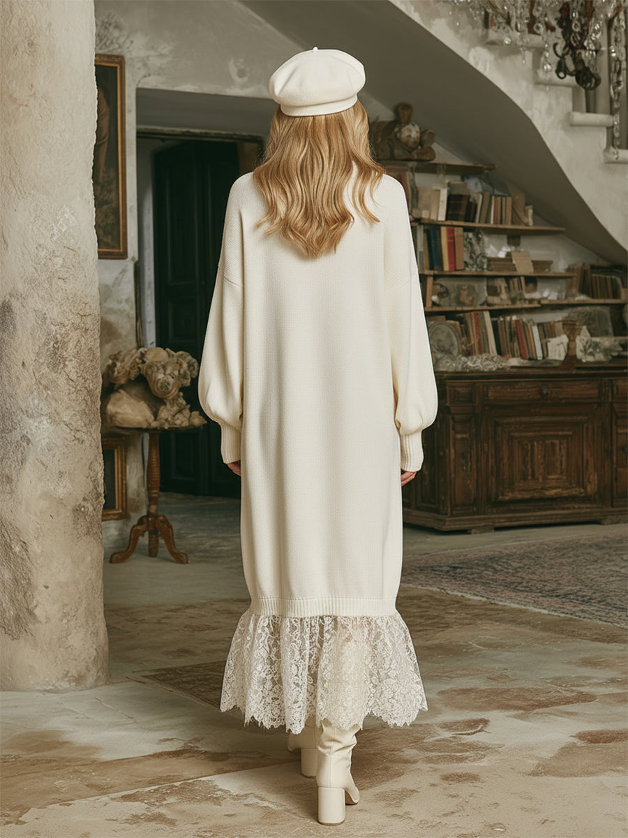 Robe Maxi Tricotée Blanche avec Élégant Col en Dentelle de Feuille de Lotus