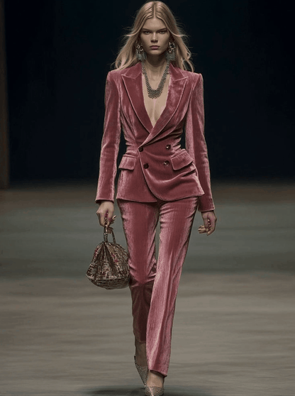 Costume Vintage Élégant en Velours Rose Poudré - Expédition Rapide en 24 Heures