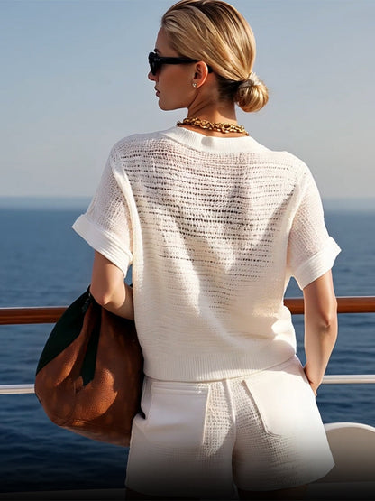 Expédition Rapide en 24h : Ensemble Décontracté en Tricot Blanc à Manches Courtes - Parfait pour vos Vacances!
