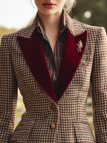 Élégant Blazer Rétro en Velours à Motif Pied-de-Poule à Simple Boutonnage
