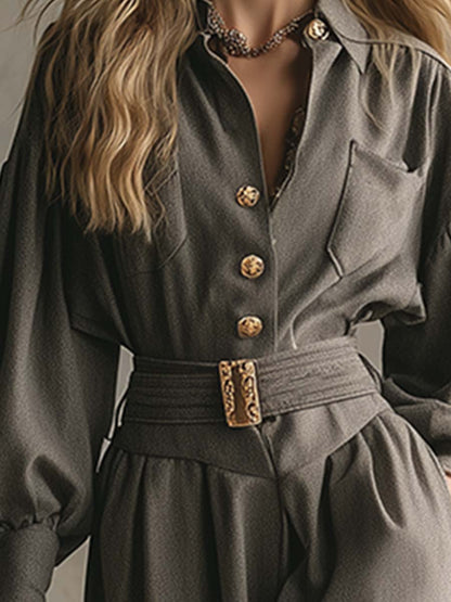 Maxi Robe en Laine Grise : Élégance et Sophistication avec Col Revers