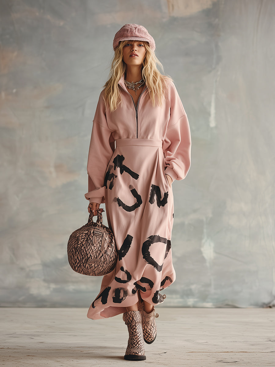 Pull à capuche rose à demi-zip avec imprimé streetwear tendance