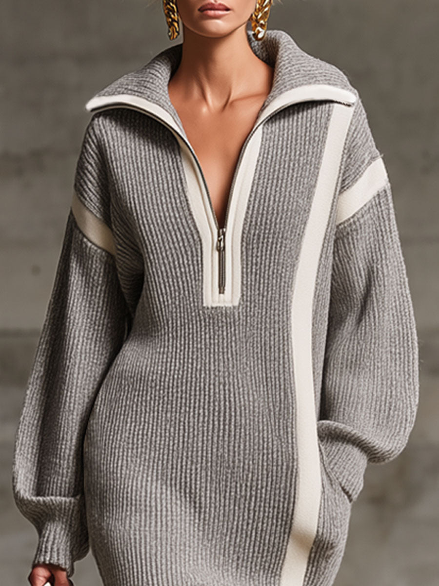 Robe Midi Tricotée avec Poches Doubles, Fermeture Éclair et Élégant Col Revers