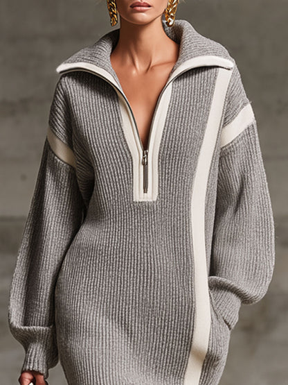 Robe Midi Tricotée avec Poches Doubles, Fermeture Éclair et Élégant Col Revers