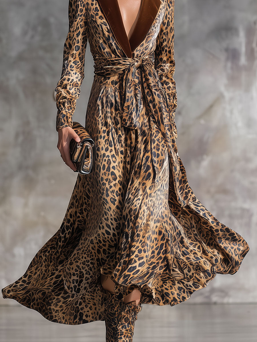 Robe Midi en Velours à Imprimé Léopard Vintage avec Col Revers