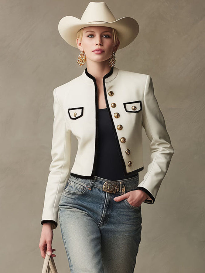 Veste en PU à Col Montant et Boutons Contrastants