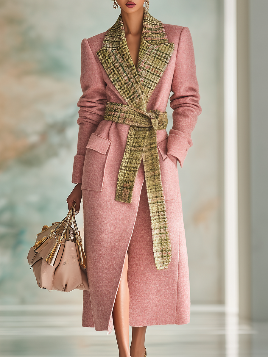 Long Wool Coat with Chic Plaid Collar for Urban Elegance