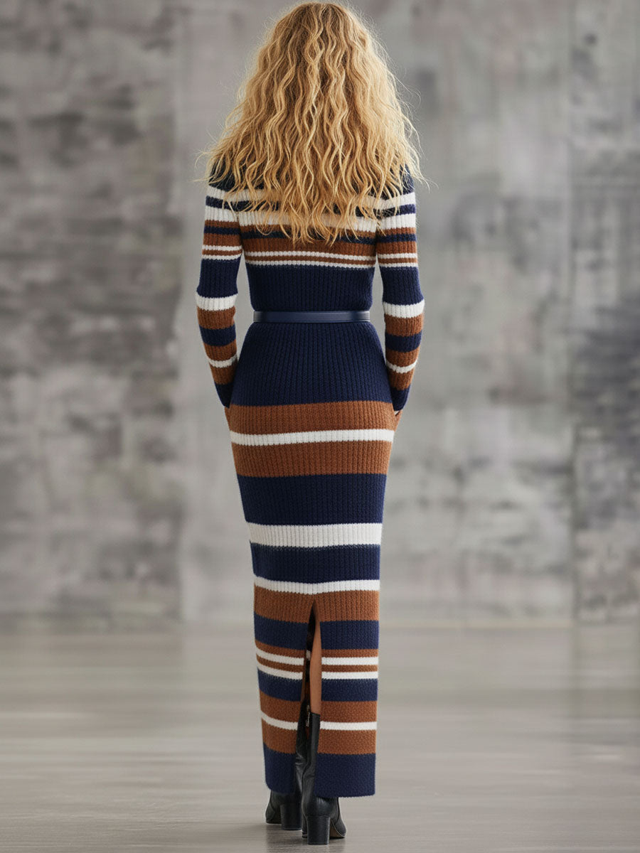 Robe Maxi Tricotée à Rayures Bleu et Marron avec Col Polo