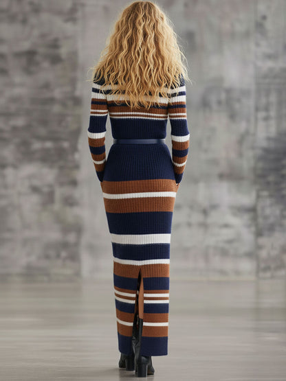 Robe Maxi Tricotée à Rayures Bleu et Marron avec Col Polo