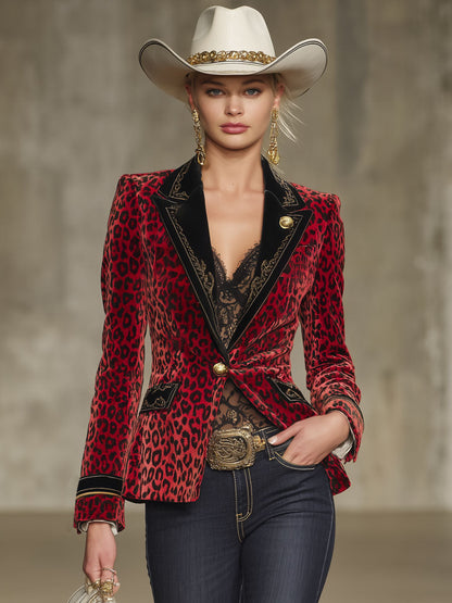 Veste en Velours Léopard Brodée avec Détails Contrastants Élégants