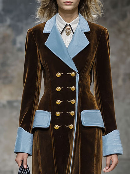 Veste en Velours Chocolat Brun avec Détails Rétro Bleus