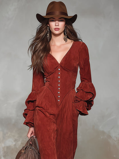 Robe Combinaison Vintage à Col en V avec Détails Boutonnés et Volants