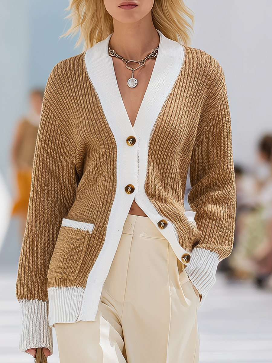 Chic Cardigan Tricoté en Contraste Élégant de Marron et Blanc