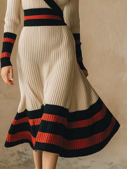 Robe Midi Rétro Beige à Rayures Rouges et Noires