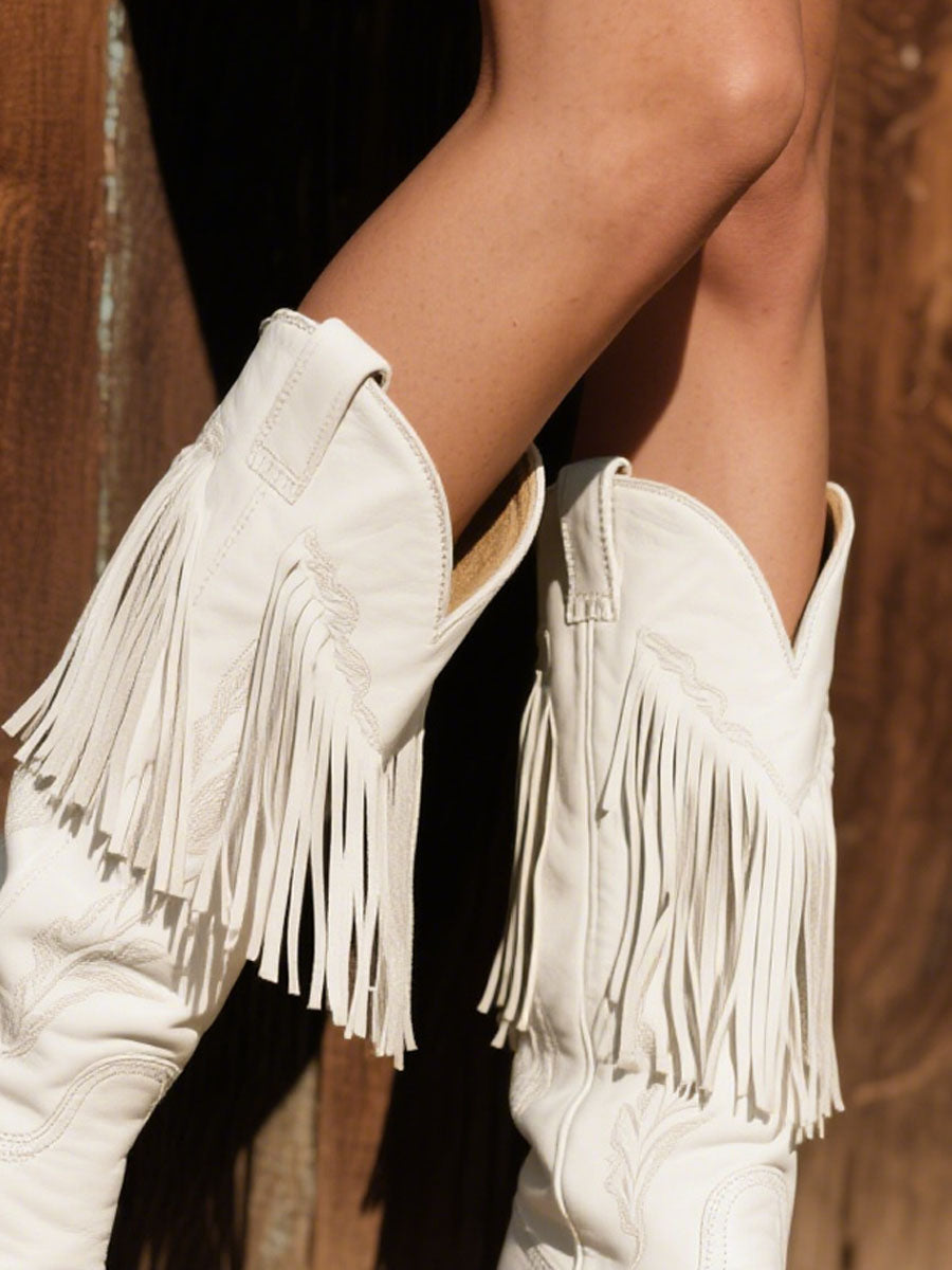 Bottes de cowboy en cuir brodées avec franges pour femmes