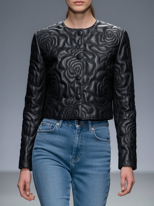 Veste Croppée Noir en Similicuir avec Éléments Roses