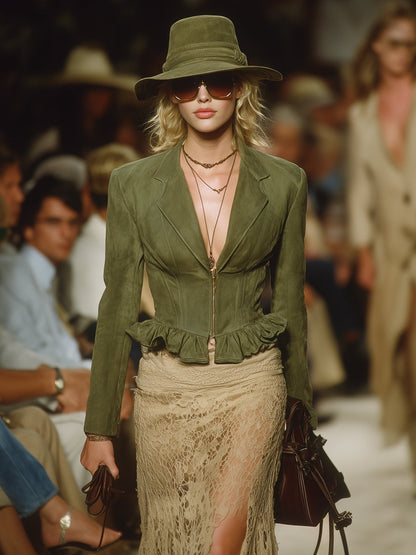 Veste courte zippée vintage western en vert armée avec volants
