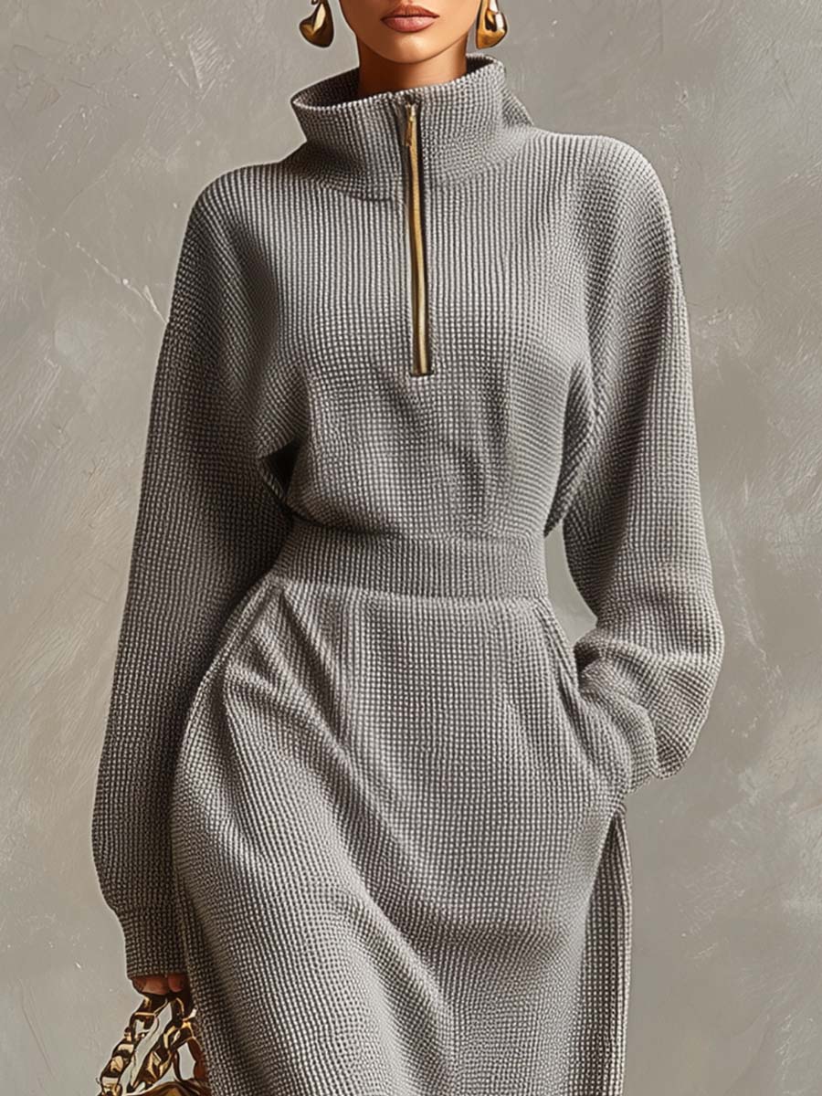Robe Maxi Waffle Grise Clair à Zip Avant, Col Relevé et Manches Longues