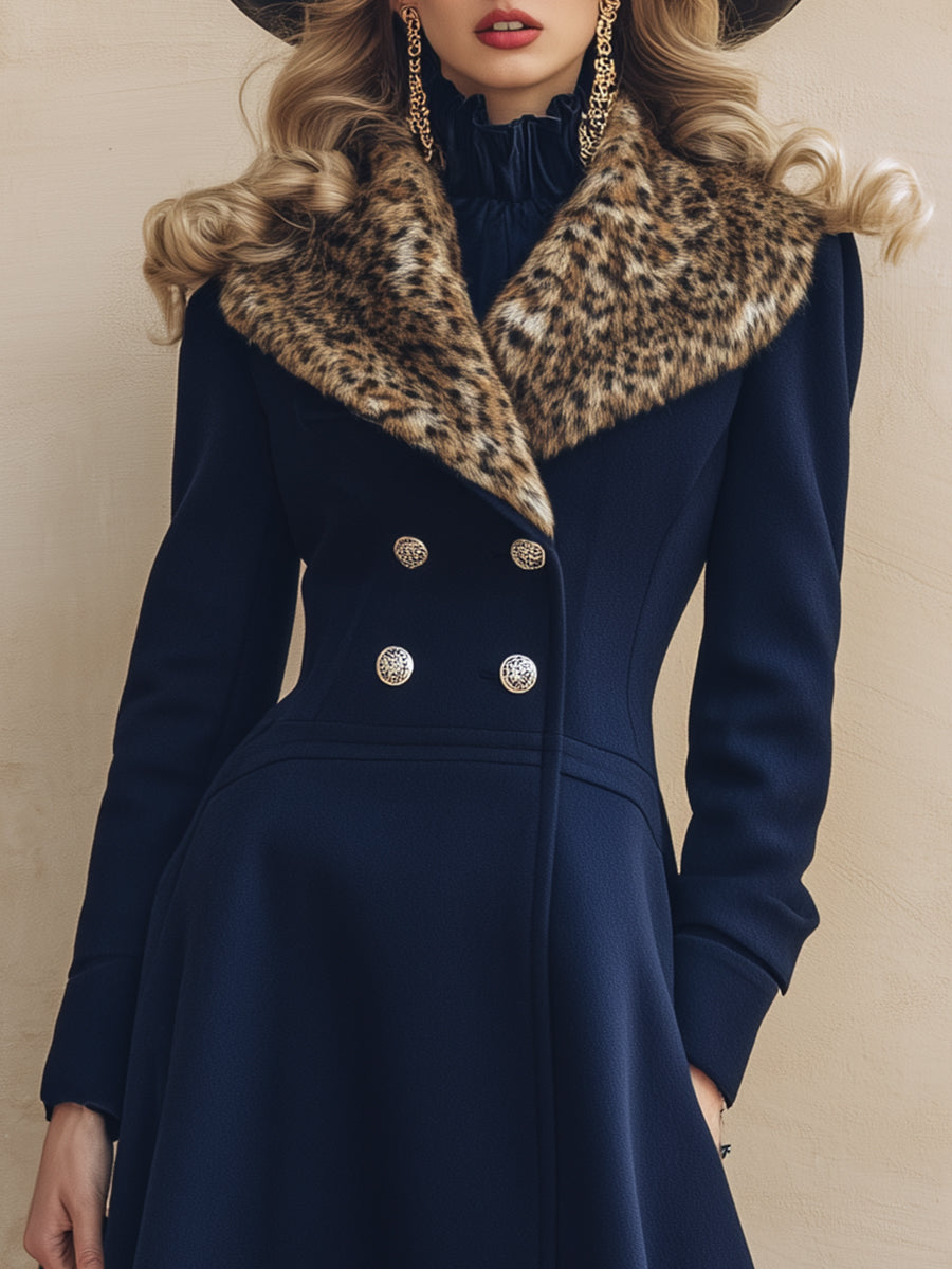Chic Manteau Bleu Marine en Laine avec Col en Fausse Fourrure Imprimé Léopard