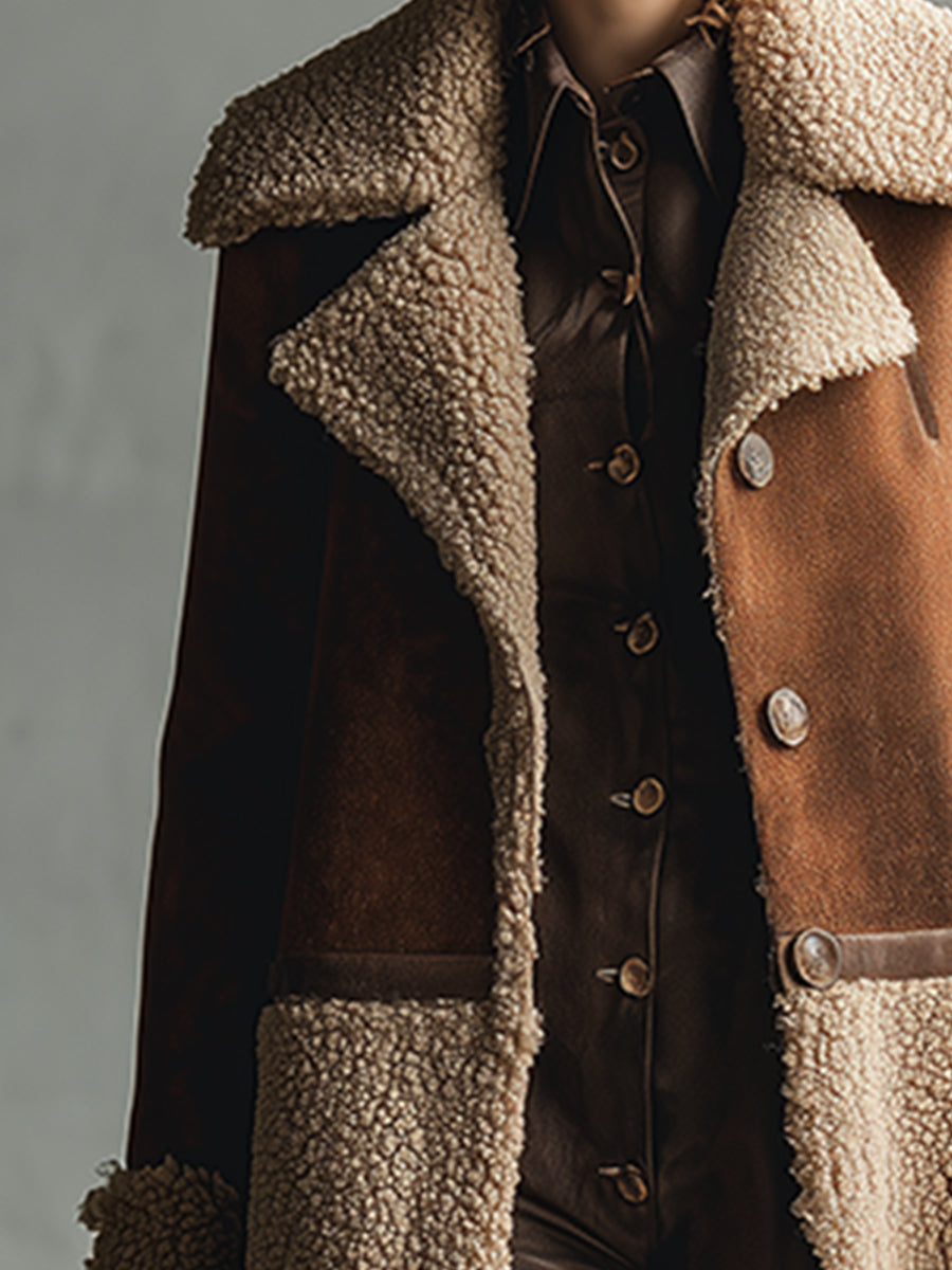 Veste mi-longue en faux suède marron au style western rétro, doublée en polaire