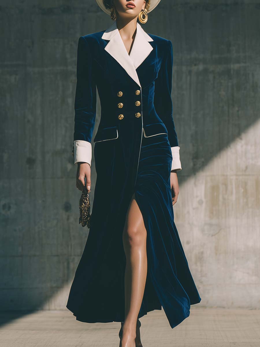 Robe Maxi Élégante en Velours Bleu Foncé avec Revers Contrastés et Double Boutonnage - Vintage Chic