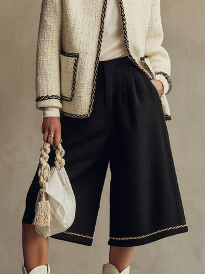 Chic Ensemble en Tweed : Veste Oversize à Col Rond et Pantalons Croisés à Jambes Larges