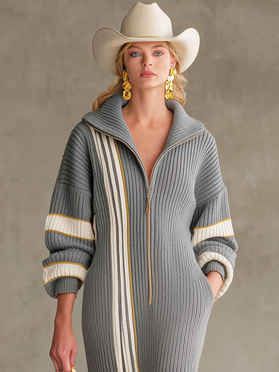 Robe Midi Tricotée avec Col Revers, Zip et Rayures Contrastées
