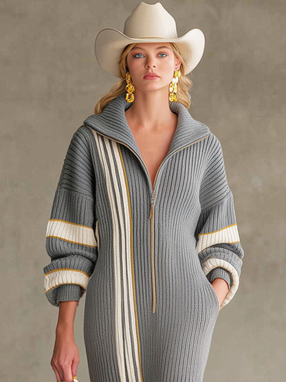 Robe Midi Tricotée avec Col Revers, Zip Élégant, Rayures Contrastées et Fente Chic