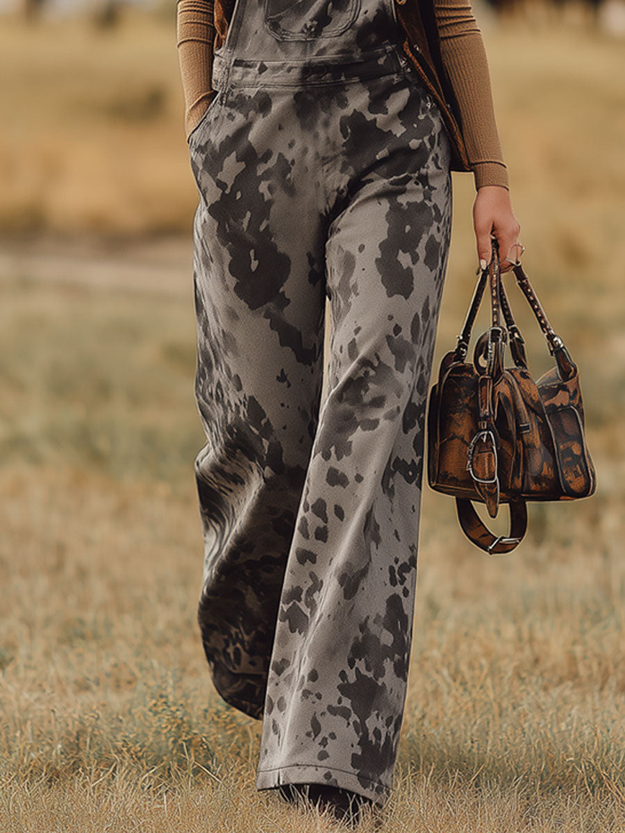 Salopette Grise en Faux Suède à Motif Vache - Style Nomade Rétro Western