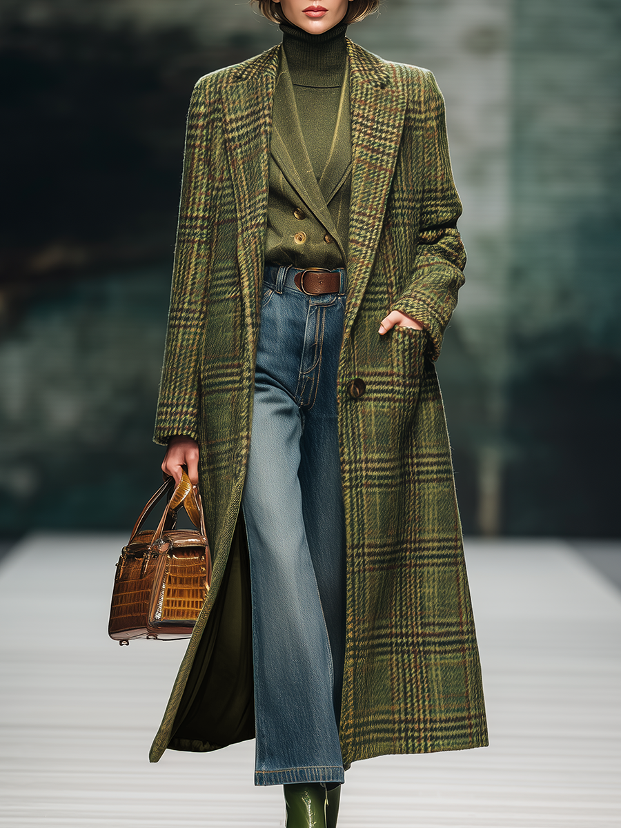 Veste Longue en Laine à Motif Carreaux Vintage