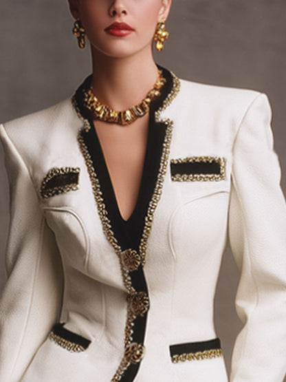 Élégante Veste en Laine à Col en V avec Détails Contrastants