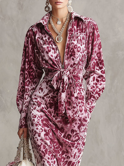 Robe Midi en Velours Imprimé Léopard avec Zip Demi-Ouverture