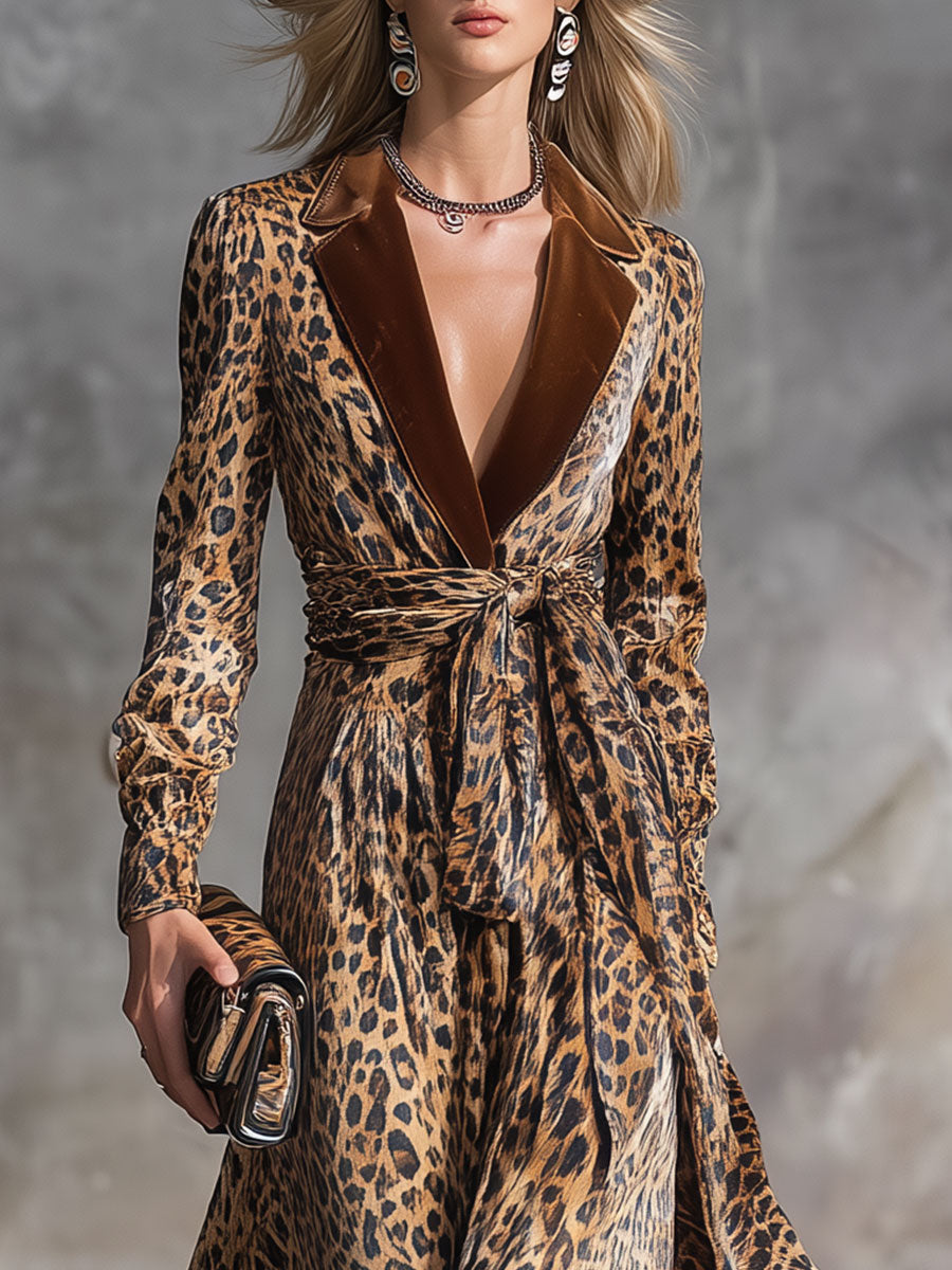 Robe Midi en Velours à Imprimé Léopard Vintage avec Col Revers