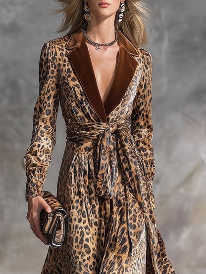Robe Midi en Velours à Imprimé Léopard Vintage avec Col Revers
